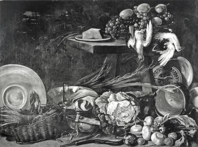 Anonimo — Autore non indicato - sec. XVII/ XVIII - Natura morta con ortaggi, frutta, stoviglie e mantice — insieme
